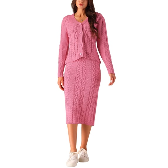 INSPIRE CHIC Women's' Fall Winter Casual Sweater Sets V Neck Cardigan Two Piece Outfit Midi Skirts Lounge Set S Pink