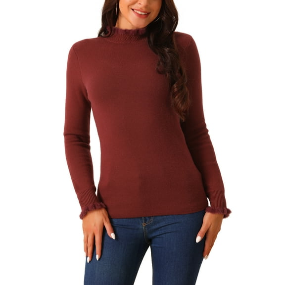INSPIRE CHIC Women's' Fall Winter Mock Neck Long Sleeve Fluffy Cuff Casual Slim Fit Sweater Top S Wine Red