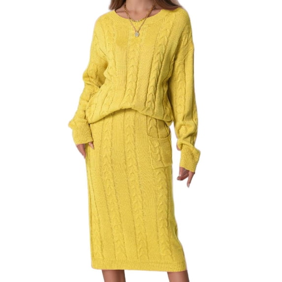 INSPIRE CHIC Womens' Fall Winter Roundneck Sweater Two Piece Outfit Midi Skirts with Pockets Lounge Set L Light Yellow