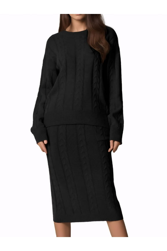 Womens' Fall Winter Roundneck Sweater Two Piece Outfit Midi Skirts with Pockets Lounge Set M Black