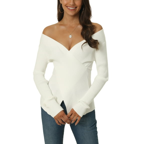 INSPIRE CHIC Womens' Fall Winter V Neck Wrap Long Sleeve Casual Sweater Tops M White