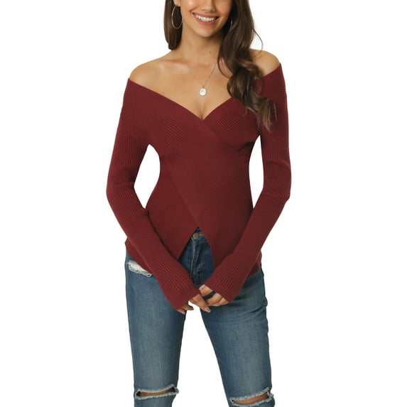 INSPIRE CHIC Womens' Fall Winter V Neck Wrap Long Sleeve Casual Sweater Tops XL Red