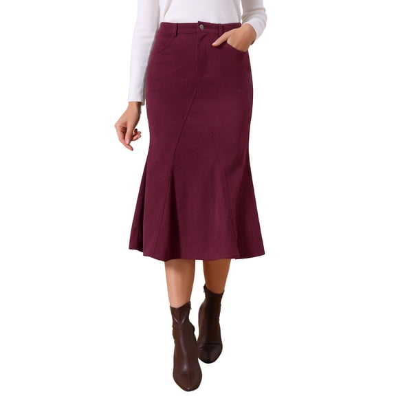 INSPIRE CHIC Women's Corduroy Skirts High Waist Stretchy Midi Mermaid Skirt with Pockets Casual Work Fall Winter 2025 XL Burgundy