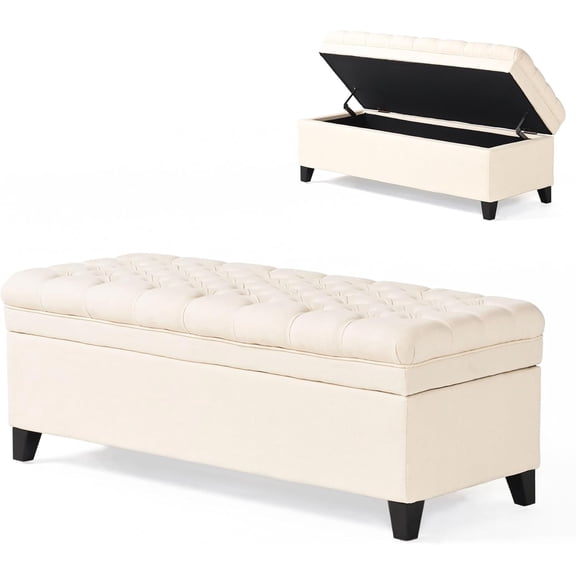 Setawix Linen Storage Benches for Bedroom,50" Bed End with Storage,Tufted Beige Storage Ottoman for Living Room,Rectangle Entryway Benches with Storage and Seating (Beige, Linen)