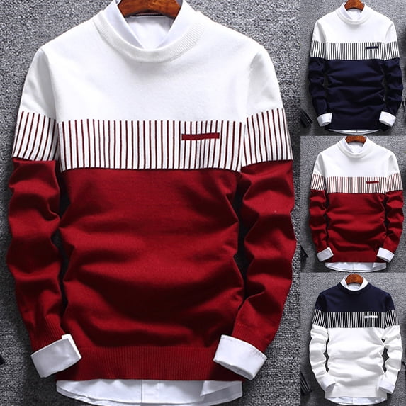 Setben Fashion Men Color Block Patchwork O Neck Long Sleeve Knitted Sweater Top Blouse,Navy Blue XL