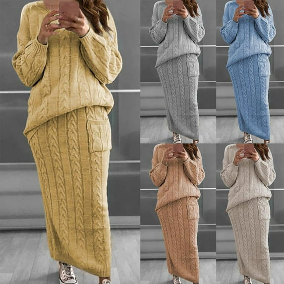 Setben Women Autumn Winter Long Sleeve Jumper Sweater Skirt Set Warm Knitted Outfit,Grey M