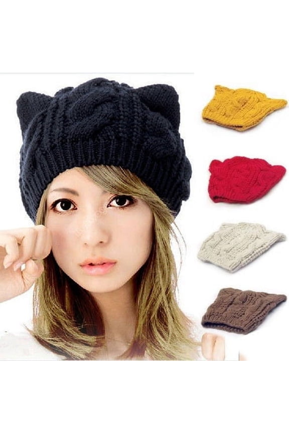 Women's Winter Knit Crochet Braided Cat Ears Beret Beanie Ski Knitted Hat Cap,Black