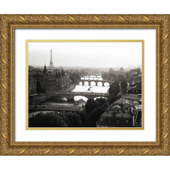 Setboun, Michel 32x25 Gold Ornate Wood Framed with Double Matting Museum Art Print Titled - Bridges over the Seine river, Paris