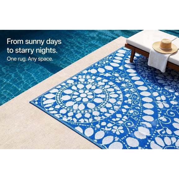 Setej Outdoor Rug - Waterproof, Fade Resistant, Crease Free - Premium Recycled Plastic - Porch, Deck, Balcony, Patio - Azure Bloom - Blue and White - 8 x 10 ft