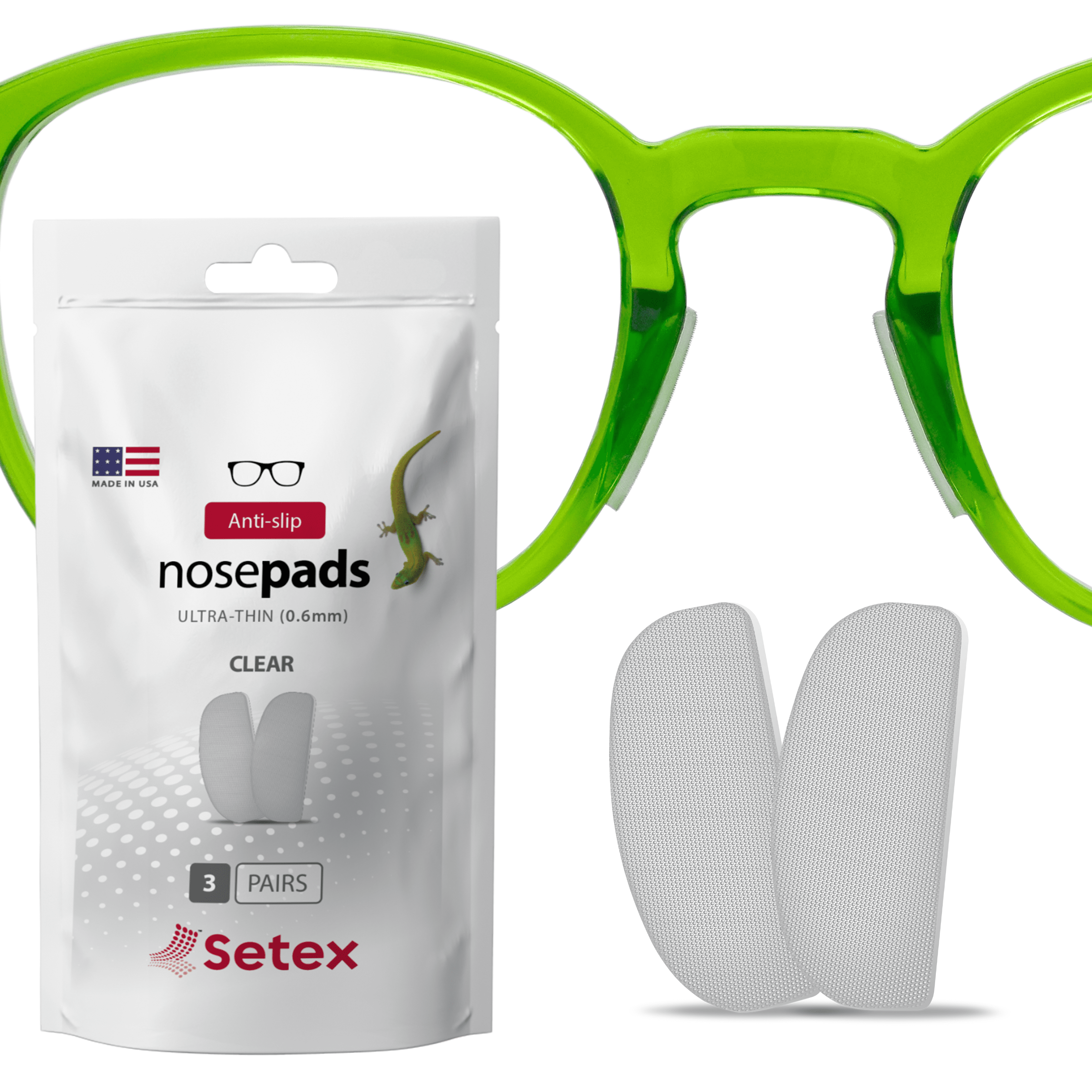 Setex Gecko Grip Ultra-Thin 0.6mm Anti Slip Eyeglass Nose Pads, (3