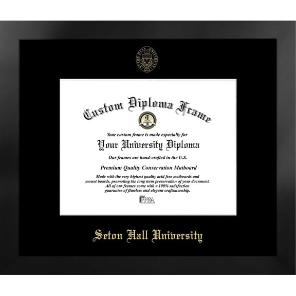 Seton Hall 11w x 8.5h Manhattan Black Single Mat Gold Embossed Diploma Frame with Bonus Campus Images Lithograph (value savings at $59)