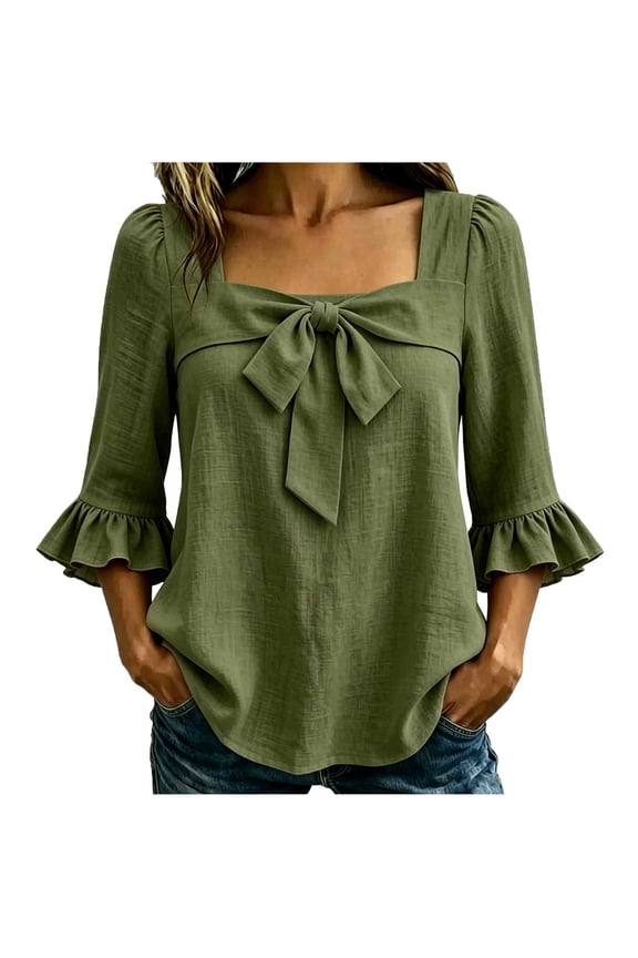 3/4 Sleeve Womens Tops, Square Neck Bow Front Blouse, Ruffle Flare Sleeve Solid Plus Size Fall Tops for Women