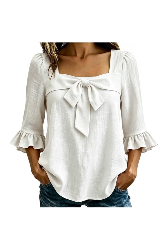 3/4 Sleeve Womens Tops, Square Neck Bow Front Blouse, Ruffle Flare Sleeve Solid Plus Size Fall Tops for Women