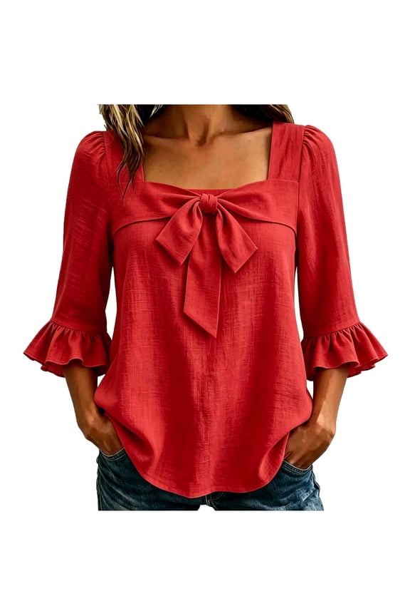 3/4 Sleeve Womens Tops, Square Neck Bow Front Blouse, Ruffle Flare Sleeve Solid Plus Size Fall Tops for Women