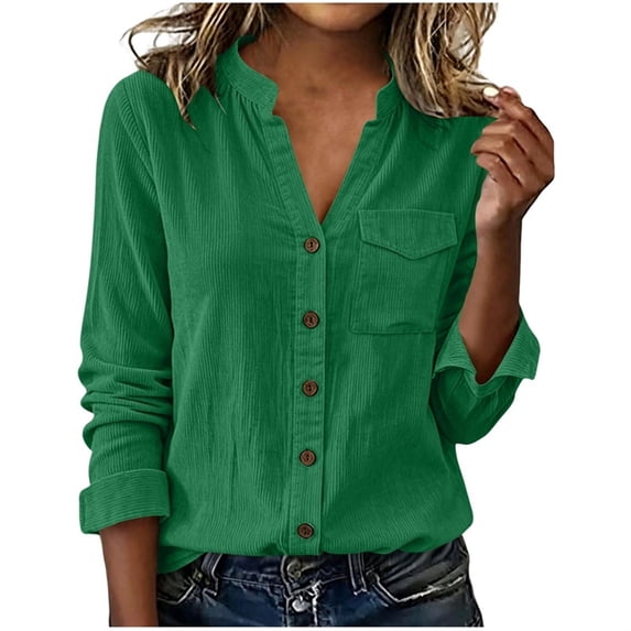 Setooff Corduroy Long Sleeve Shirts for Women, V Neck Button Pocket Blouse, Solid Loose Plus Size Casual Fall Tops for Women
