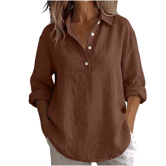 Setooff Cotton Linen Half Button Shirts for Women, Collar Roll Up Long Sleeve Blouse, Solid Loose Plus Size Casual Fall Tops for Women