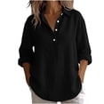 thumbnail image 1 of Setooff Cotton Linen Half Button Shirts for Women, Collar Roll Up Long Sleeve Blouse, Solid Loose Plus Size Casual Fall Tops for Women, 1 of 6