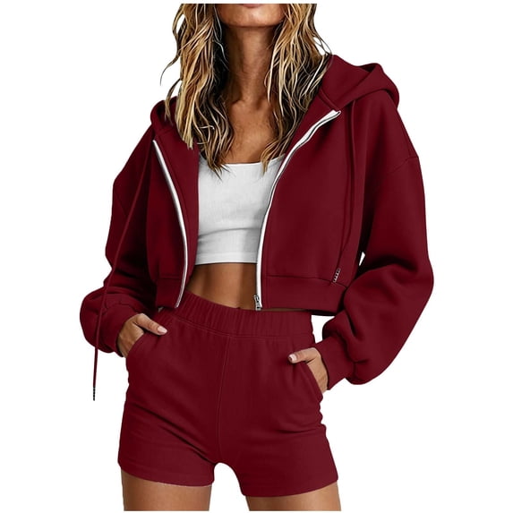 Setooff Cropped Zip Hoodie & Shorts 2 Piece Outfits, Long Sleeve Hooded Sweatshirt Set, Solid Loose Plus Size Casual Jackets for Women