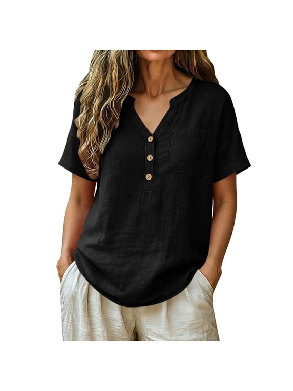 Henley V Neck Chest Pocket Shirts for Women, Cotton Linen Blend Short Sleeve Loose Fit Spring Summer Casual Blouse