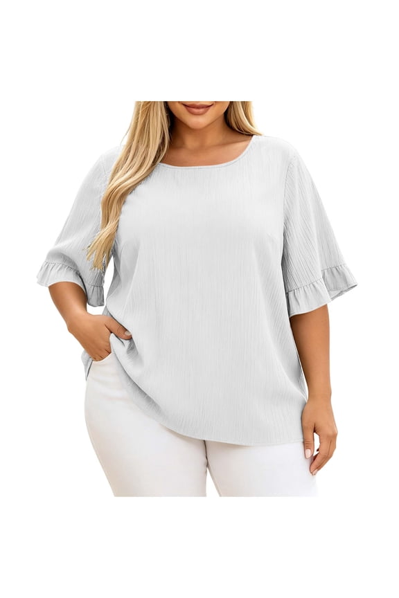 Plus Size Women's Solid Round Neck Half Sleeve Blouse Casual Loose Ruffle Cuff Summer Blouse Oversized Plus Size Tops Shirts for Women