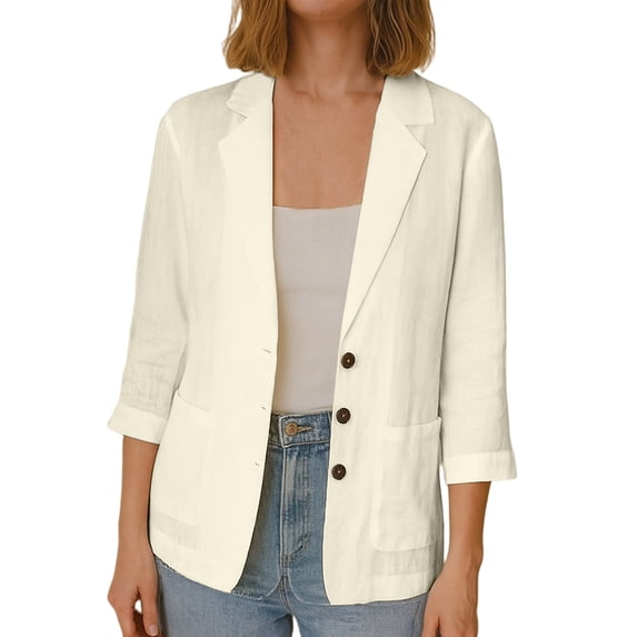 Setooff Solid Notched Lapel Blazer Style Womens Tops, Cotton Linen Blend 3/4 Length Sleeve Button Front Pocket Casual Trendy Womens Shirts