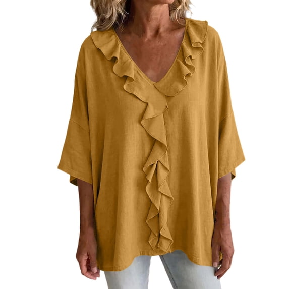 Setooff Solid Ruffle V Neck Loose Womens Tops, Lightweight Cotton Linen Blend 3/4 Length Sleeve Casual Trendy Womens Shirts