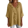 thumbnail image 1 of Setooff Solid Ruffle V Neck Loose Womens Tops, Lightweight Cotton Linen Blend 3/4 Length Sleeve Casual Trendy Womens Shirts, 1 of 7