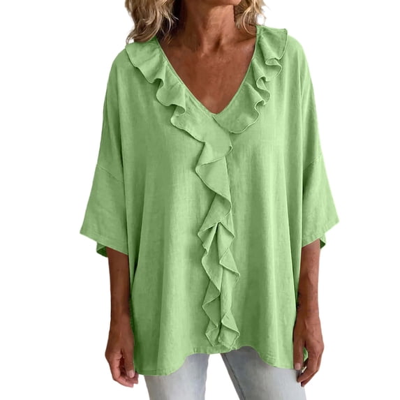 Setooff Solid Ruffle V Neck Loose Womens Tops, Lightweight Cotton Linen Blend 3/4 Length Sleeve Casual Trendy Womens Shirts