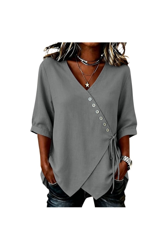 Solid Wrap V Neck Side Drawstring Button Womens Tops, Linen Look Textured 3/4 Length Sleeve Casual Trendy Womens Shirts