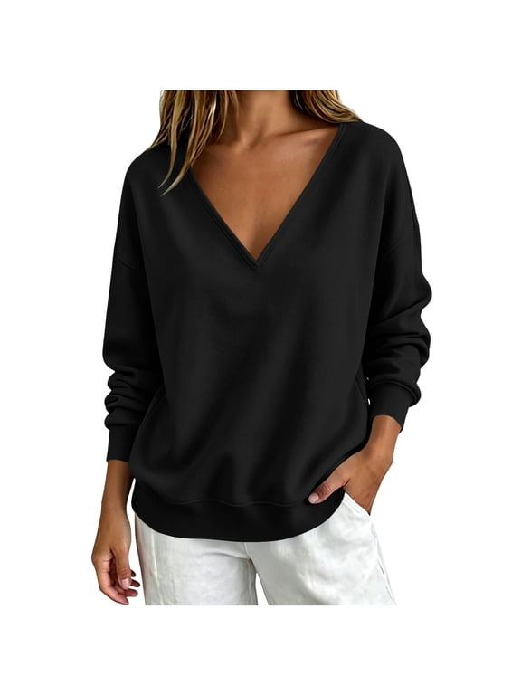 V Neck Pullover Sweatshirts for Women, Solid Long Sleeve Blouse, Loose Plus Size Casual Fall Tops for Women