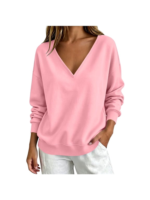 V Neck Pullover Sweatshirts for Women, Solid Long Sleeve Blouse, Loose Plus Size Casual Fall Tops for Women