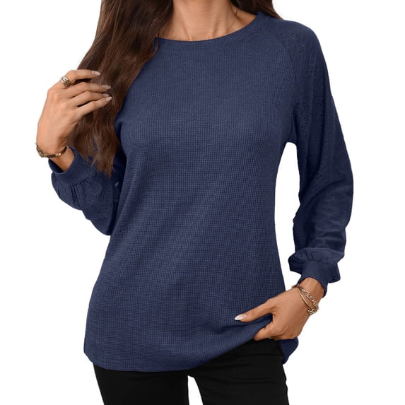 Setooff Waffle Knit Long Sleeve Blouses for Women, Round Neck Eyelet Raglan Shirts, Solid Loose Plus Size Casual Fall Tops for Women