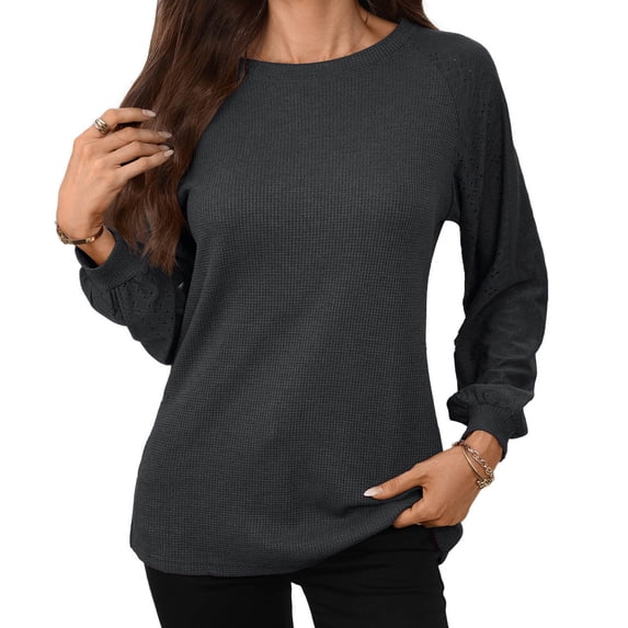 Setooff Waffle Knit Long Sleeve Blouses for Women, Round Neck Eyelet Raglan Shirts, Solid Loose Plus Size Casual Fall Tops for Women