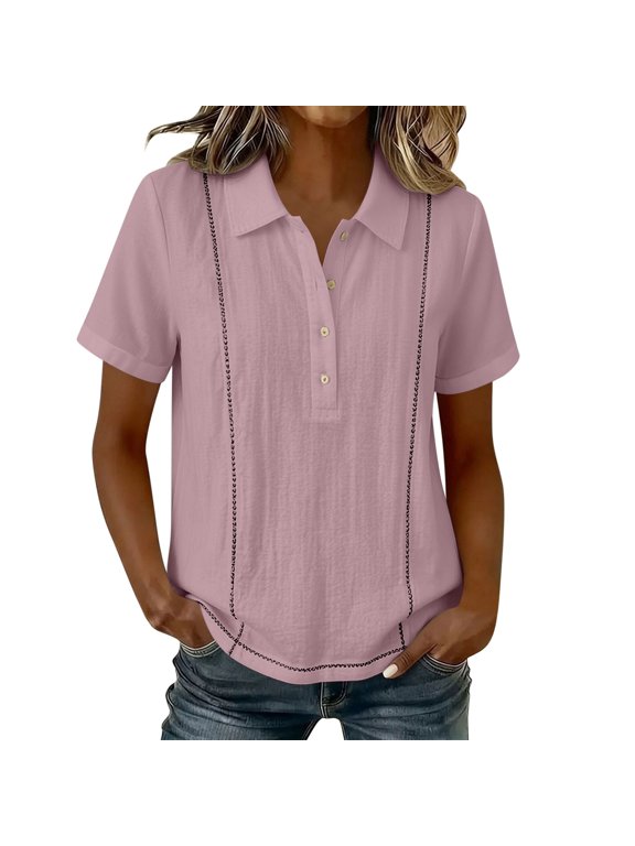 Women's Collared Neck Contrast Stitch Half Button Short Sleeve Top Casual Solid Summer Blouse Shirts for Women
