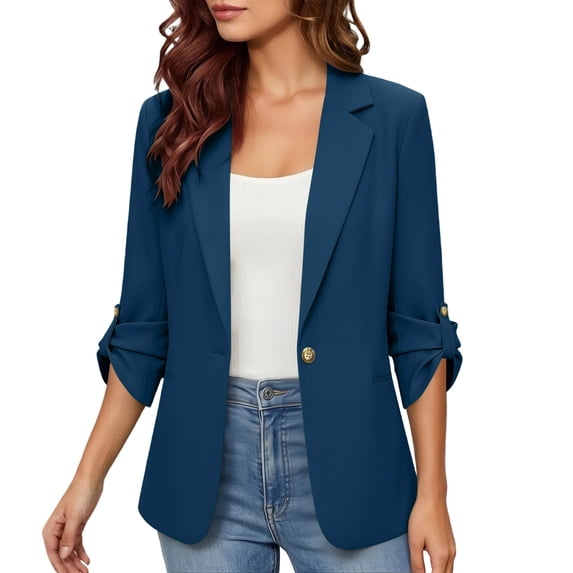 Setooff Women's Open Front Lapel Single Button 3/4 Length Sleeve Rolled Cuff Work Office Blazer Jacket, Trendy Business Casual Womens Tops, Versatile Tshirts Shirts for Women