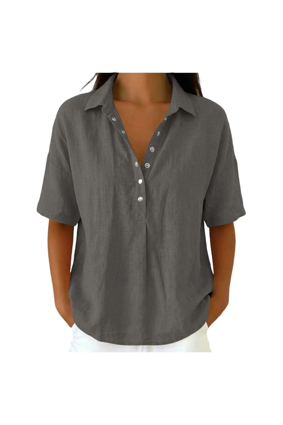 Women's Solid Cotton Linen Blend Turn-Down Collar Half Snap V Neck Short Sleeve Casual Loose Summer Blouse Shirts for Women, Breathable Daily Work Casual Tops