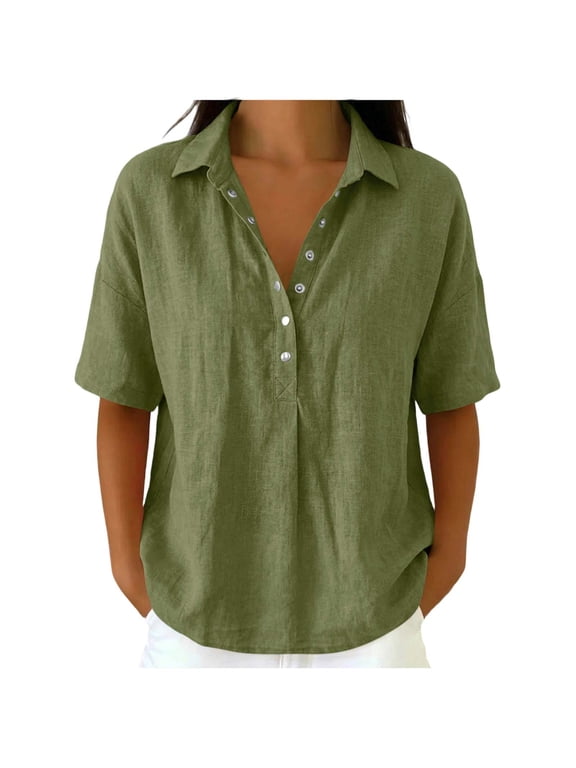 Women's Solid Cotton Linen Blend Turn-Down Collar Half Snap V Neck Short Sleeve Casual Loose Summer Blouse Shirts for Women, Breathable Daily Work Casual Tops