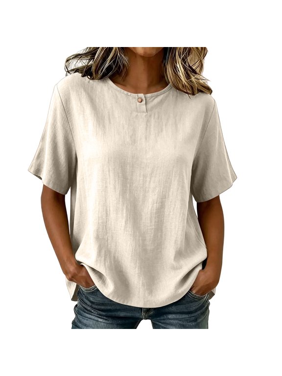 Women's Solid Cotton Linen Blend Turn-Down Collar Half Snap V Neck Short Sleeve Casual Loose Summer Blouse Shirts for Women, Breathable Daily Work Casual Tops