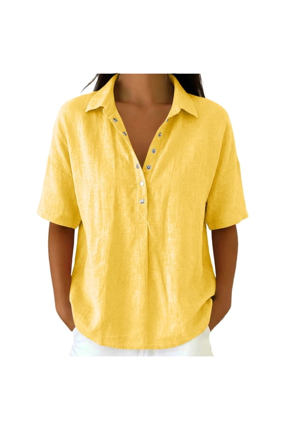 Women's Solid Cotton Linen Blend Turn-Down Collar Half Snap V Neck Short Sleeve Casual Loose Summer Blouse Shirts for Women, Breathable Daily Work Casual Tops