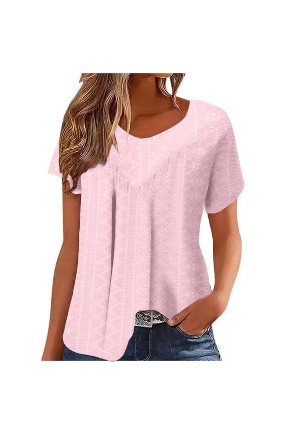 Women's Textured Jacquard Gathered Round Neck Loose Fit Casual Short Sleeve Shirts for Women, Soft Stretchy Summer Blouse Tshirts for Women