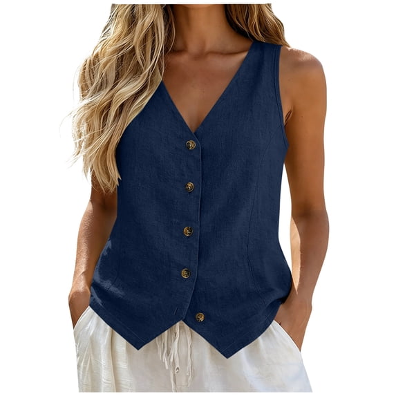 Setooff Women's V Neck Button Down Vest, Solid Sleeveless Linen Cotton Tank Top, Fashion Casual Waistcoat Vest Tops, Multiple Colors Sleeveless Blouse for Spring Summer Daily Outfits
