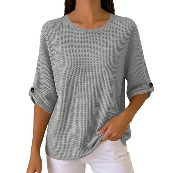 Setooff Women's Waffle Knit Solid Round Neck 3/4 Length Sleeve Button Cuff Loose Casual Womens Tops, Trendy Pullover T Shirts for Women, Soft Tshirts Shirts for Women