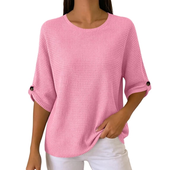 Setooff Women's Waffle Knit Solid Round Neck 3/4 Length Sleeve Button Cuff Loose Casual Womens Tops, Trendy Pullover T Shirts for Women, Soft Tshirts Shirts for Women