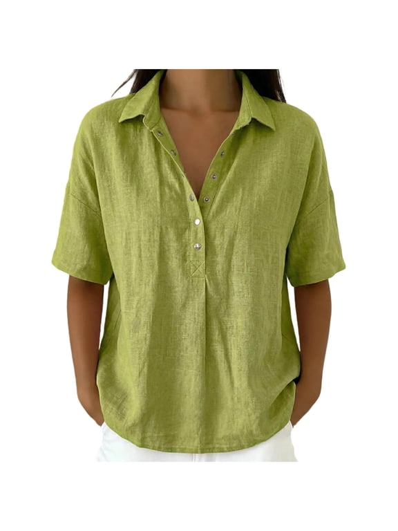 Women's Washed Linen Blend Turn-Down Collar Half Snap V Neck Short Sleeve Casual Loose Summer Blouse Shirts for Women, Breathable Daily Work Casual Tops