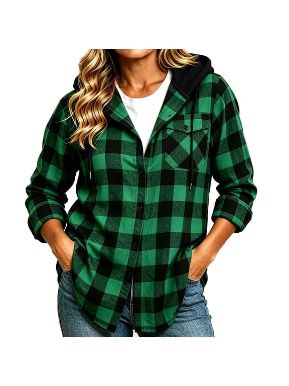 Womens Long Sleeve Tops, Hooded Buffalo Plaid Button Shirt, Pocket Oversized Plus Size Long Sleeve Blouses Outerwear