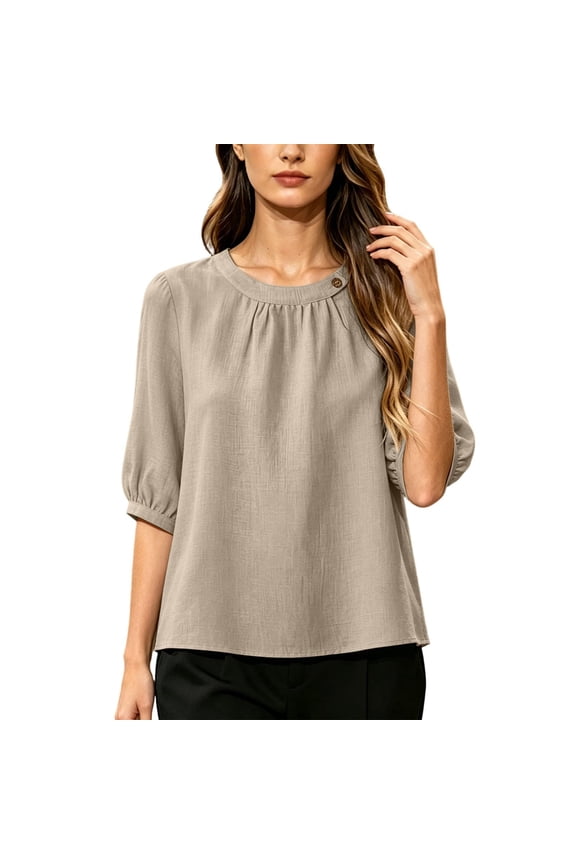 Womens Plus Size Summer Outfits, Round Neck Cotton Linen Shirts for Women, Plus Size Tops Oversized Tshirts for Women, Pleated Neck Loose Pullover Blouse Multiple Solid Colors