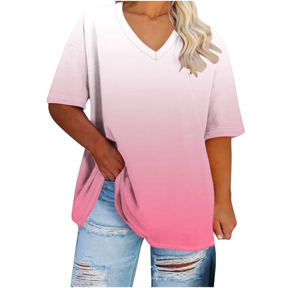 Setooff Womens Plus Size Tops, Ombre Gradient V Neck Short Sleeve Shirts for Women, Plus Size Summer Tops Oversized Tshirts for Plus Size Summer Outfits