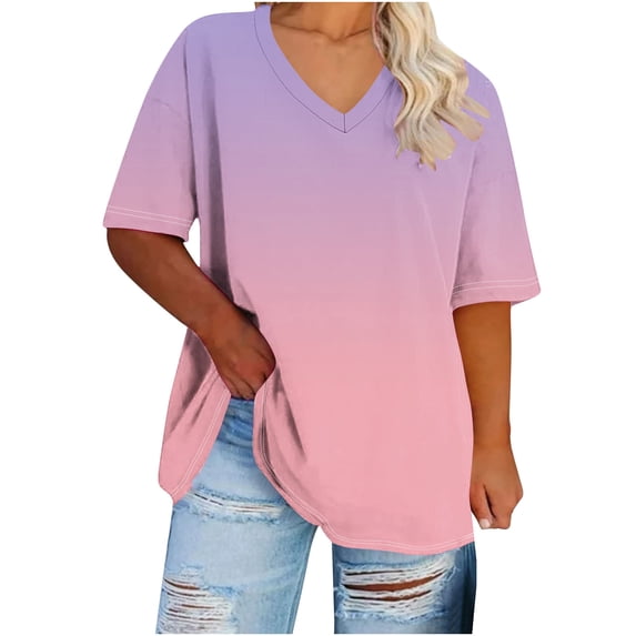 Setooff Womens Plus Size Tops, Ombre Gradient V Neck Short Sleeve Shirts for Women, Plus Size Summer Tops Oversized Tshirts for Plus Size Summer Outfits