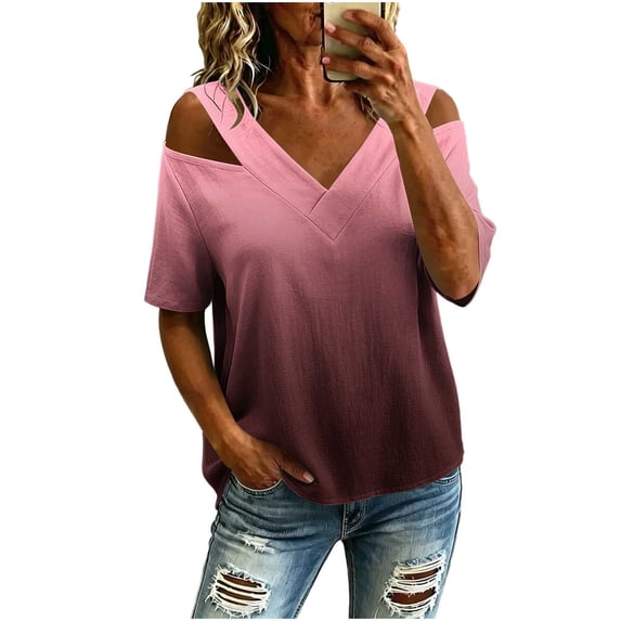 Setooff Womens Shirts, Cut Out Shoulder V Neck Short Sleeve Tops, Solid Oversized Tshirts for Women Casual Summer Blouse