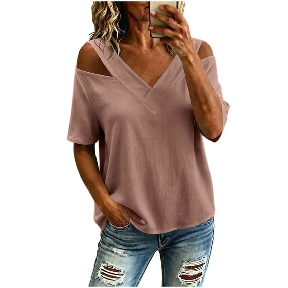 Setooff Womens Shirts, Cut Out Shoulder V Neck Short Sleeve Tops, Solid Oversized Tshirts for Women Casual Summer Blouse
